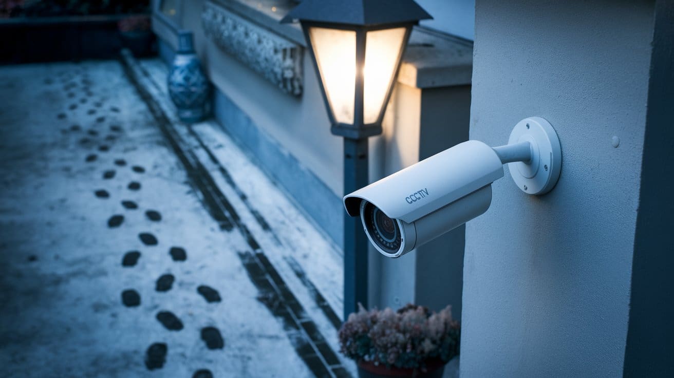 Closed circuit television Cleveland security camera mounted on home exterior with evening lighting