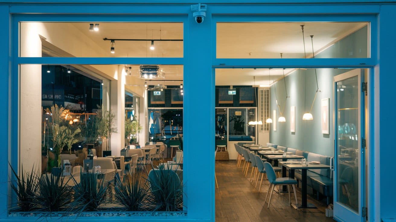 Closed circuit television camera outside Cleveland restaurant with modern interior.