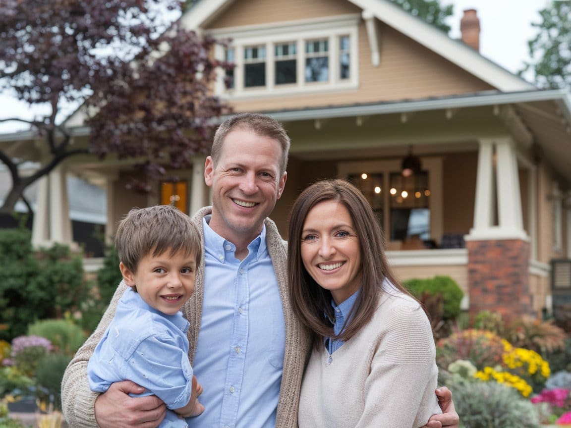 Happy family in front of beautiful craftsman home protected by closed circuit television. 