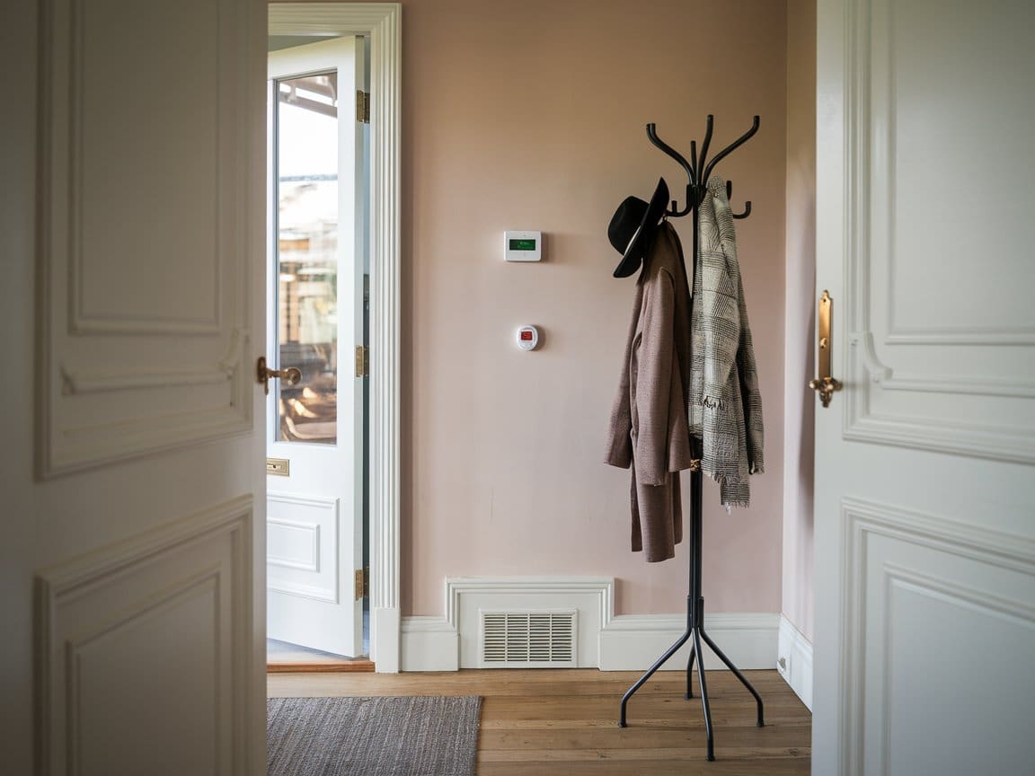 Fire & life safety equipment installed in stylish home entryway with security system panel and CO detector on wall.