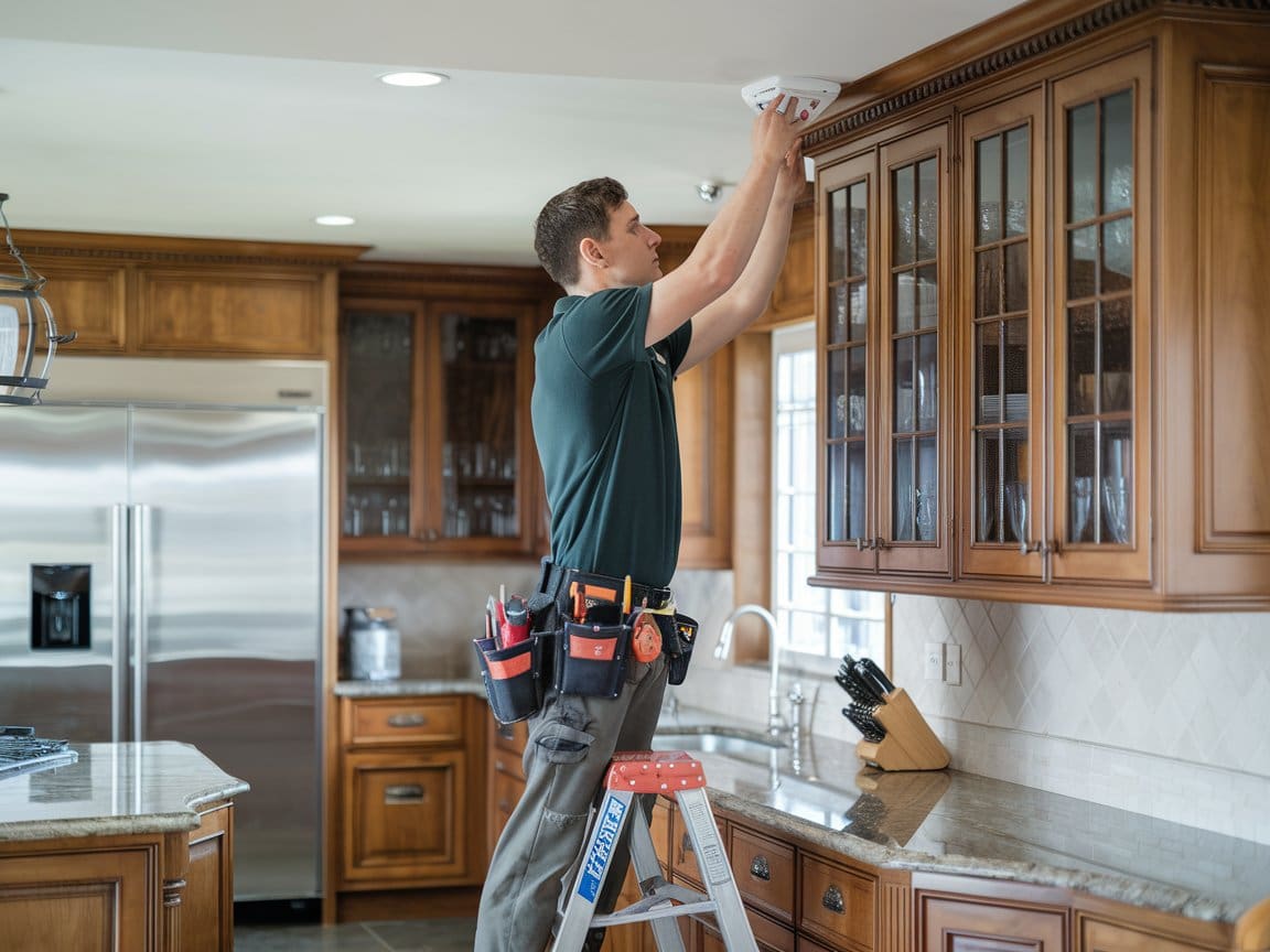 home fire detection Technician installing home fire detection system on Cleveland kitchen ceiling above cabinets