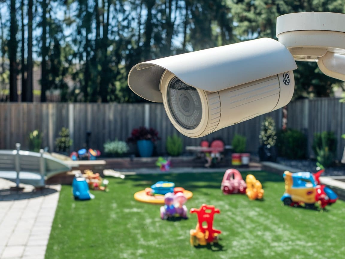 Security monitoring system protect a Cleveland backyard play area with children's toys on the grass.