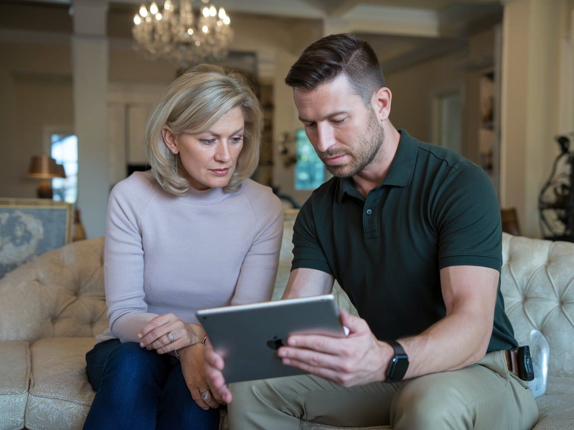 Security monitoring Cleveland professional reviews custom options with client on tablet in home