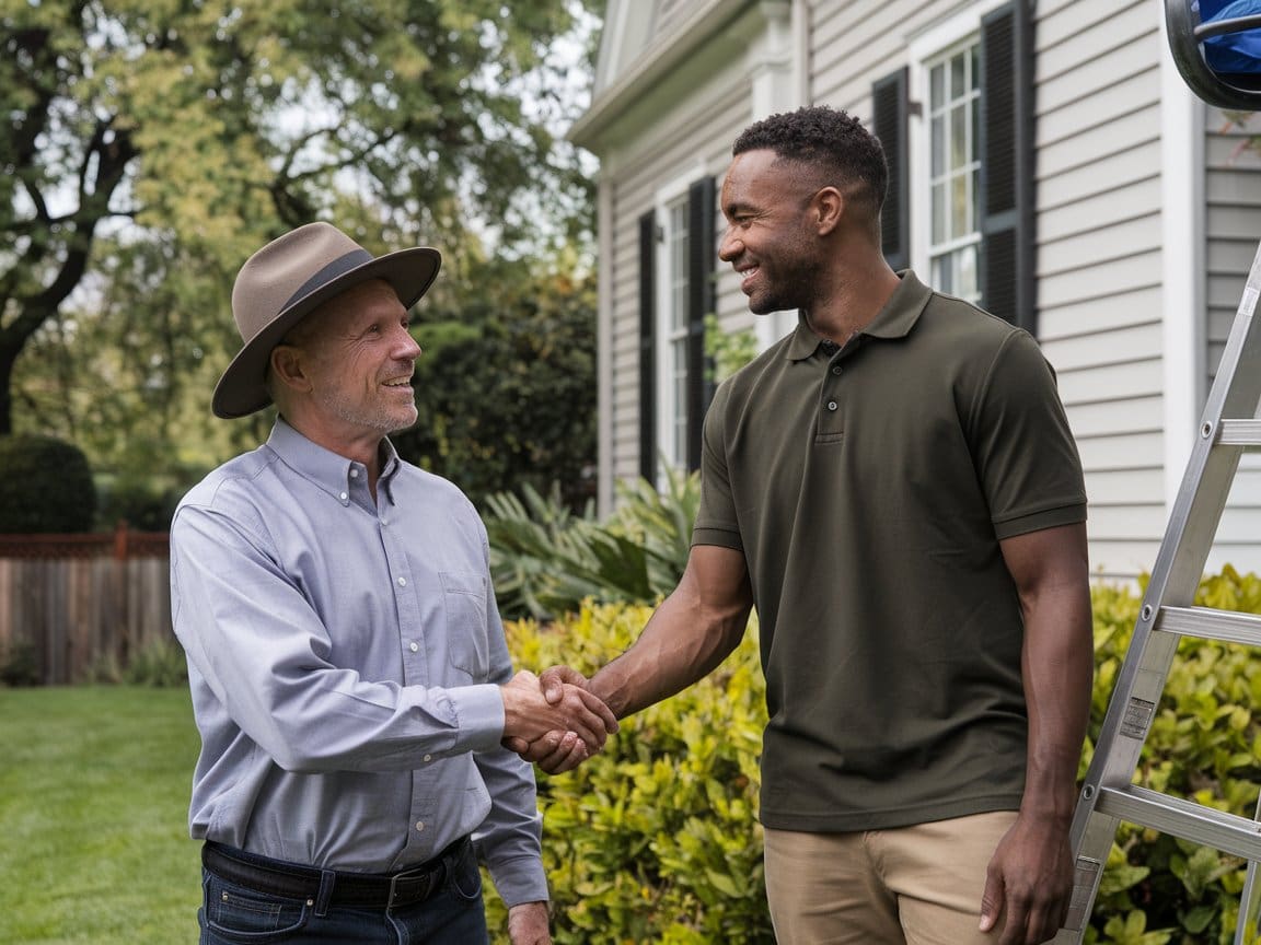 home automation systems Cleveland trust Home automation systems Cleveland technician from Rhodes Security shaking hands with satisfied homeowner.