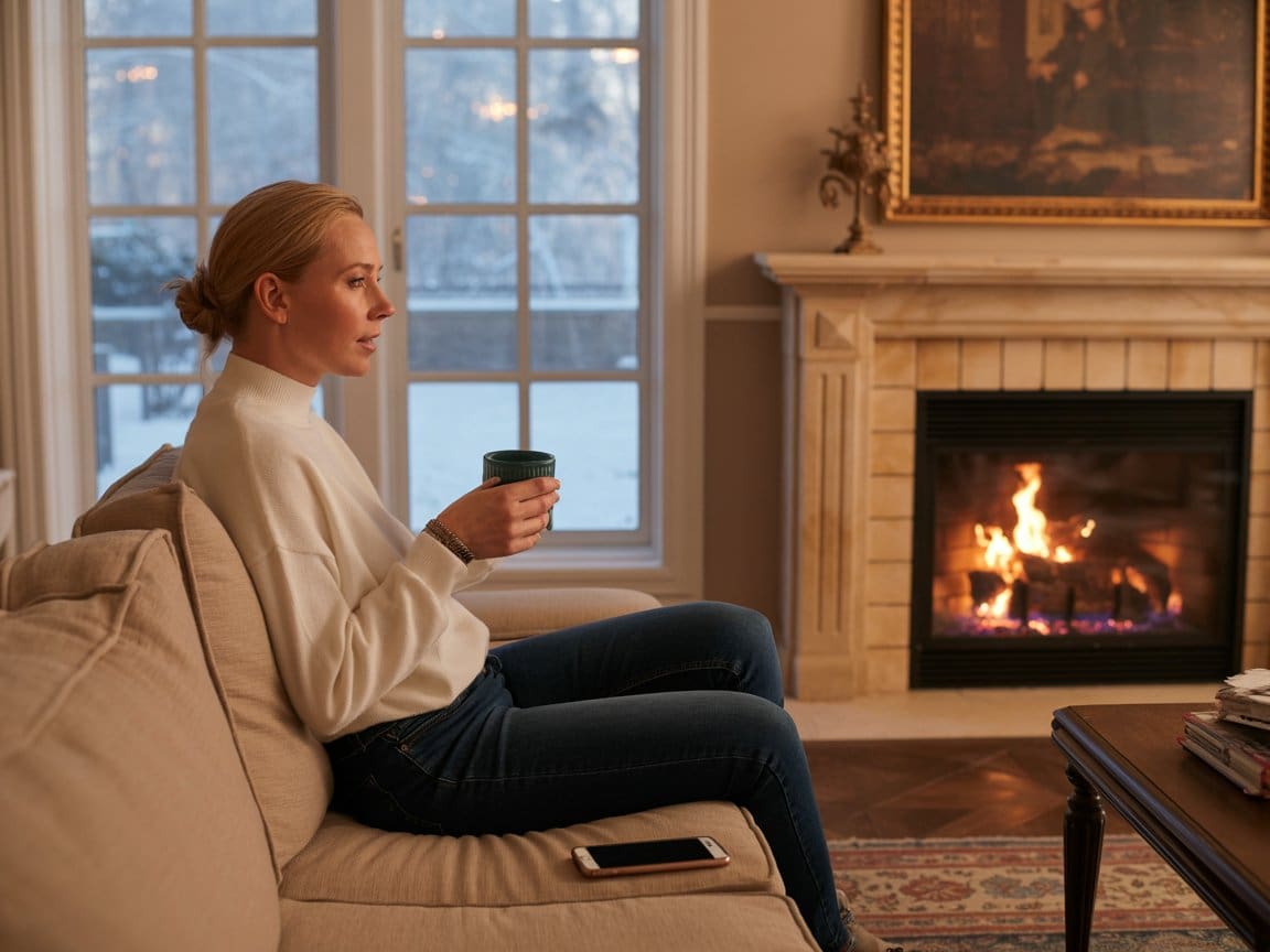 Woman relaxing with home security automation Cleveland system active, enjoying peace of mind by fireplace