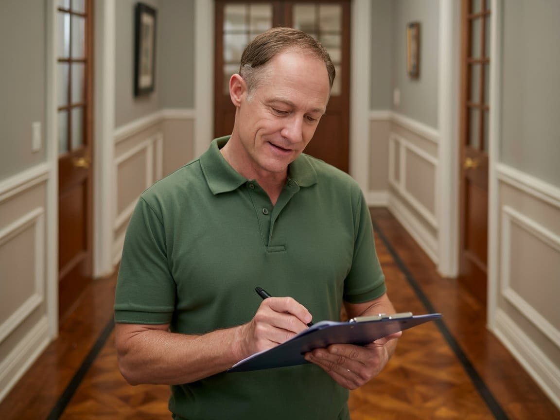 Smoke detector replacement services technician documents installation details on work clipboard